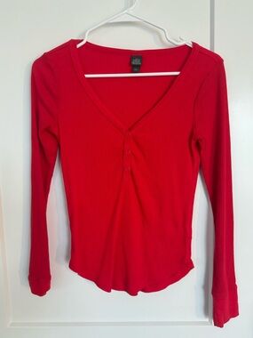 Wild Fable Red Ribbed V-Neck Long Sleeve Henley Top